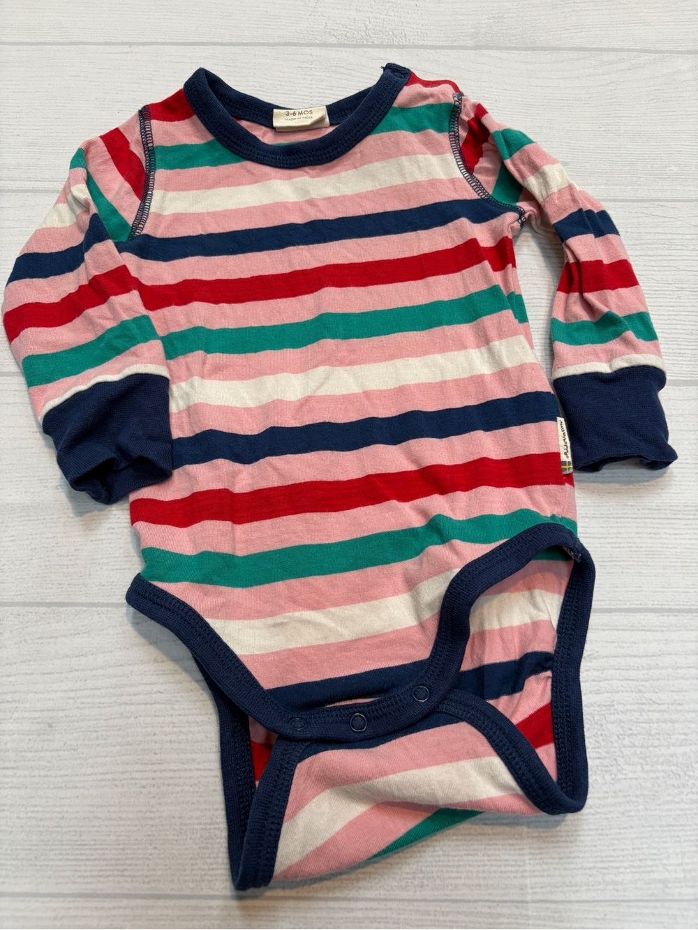 Maxomorra Striped Long-Sleeve Baby Bodysuit - Pink Multi with Navy Trim